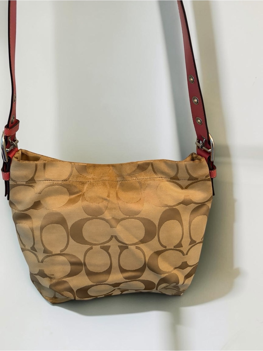 Coach Tan Signature Canvas Shoulder Bag with Coral Leather Strap